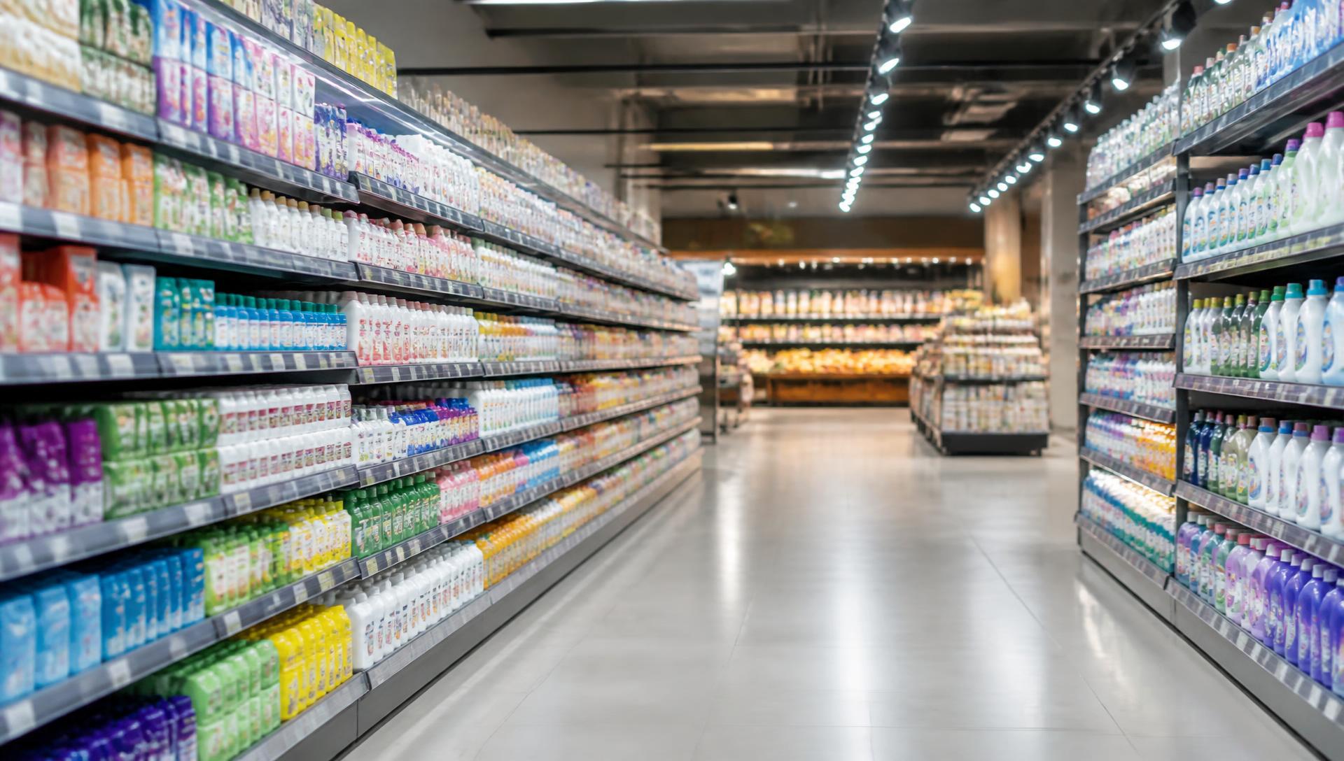 Hypermarket aisle with shelves fully stocked with fast-moving consumer goods